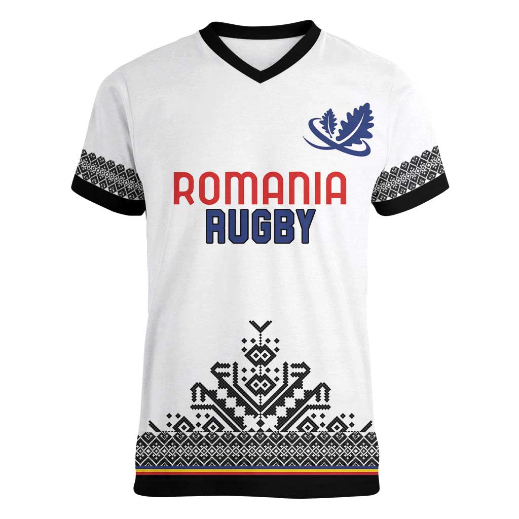 Custom Romania Rugby Women V-Neck T-Shirt White Version Retro Style - Wonder Print Shop