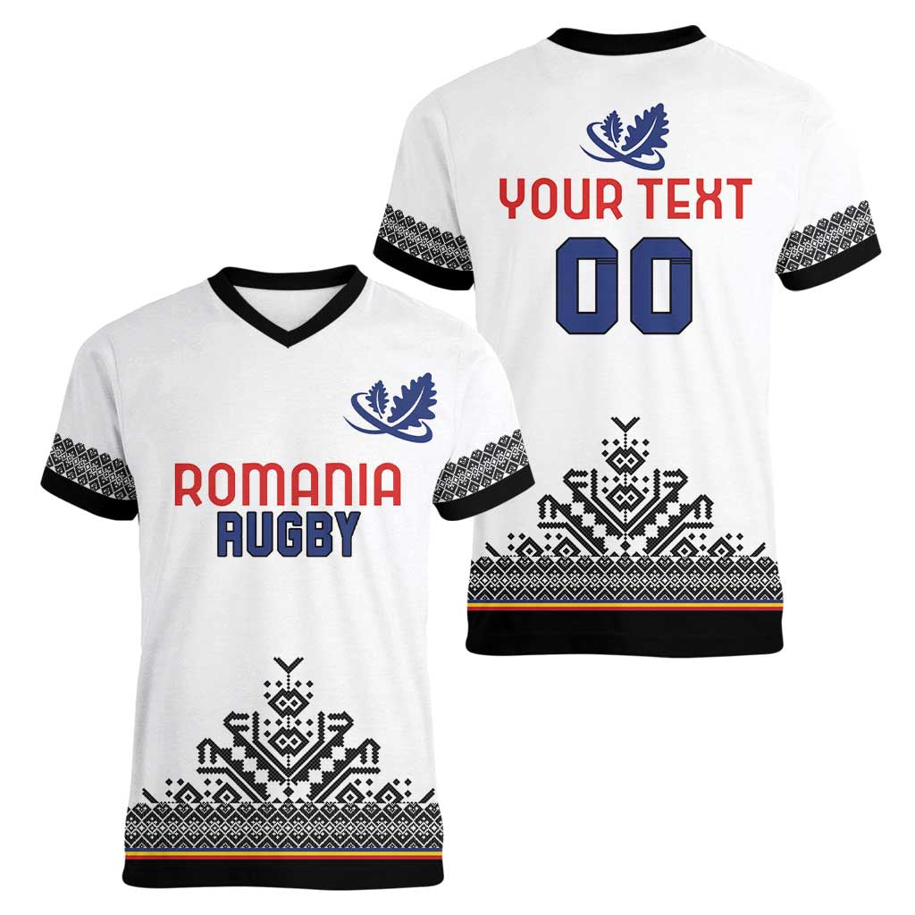 Custom Romania Rugby Women V-Neck T-Shirt White Version Retro Style - Wonder Print Shop