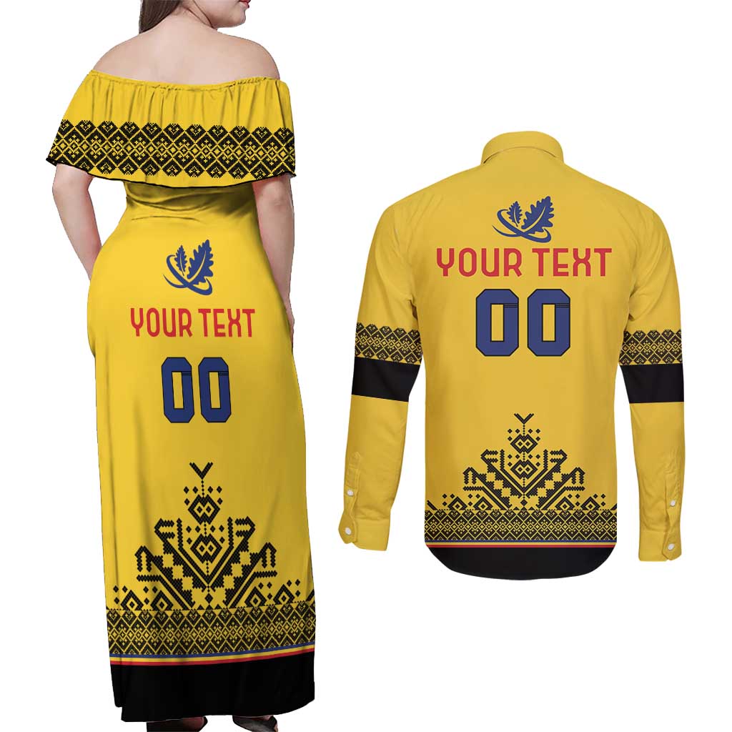 Custom Romania Rugby Couples Matching Off Shoulder Maxi Dress and Long Sleeve Button Shirt Yellow Version Retro Style