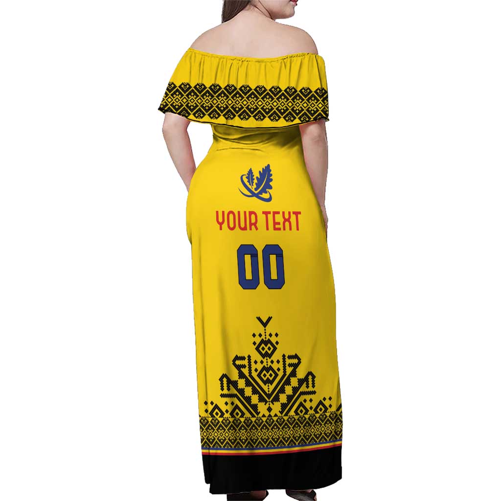 Custom Romania Rugby Family Matching Off Shoulder Maxi Dress and Hawaiian Shirt Yellow Version Retro Style