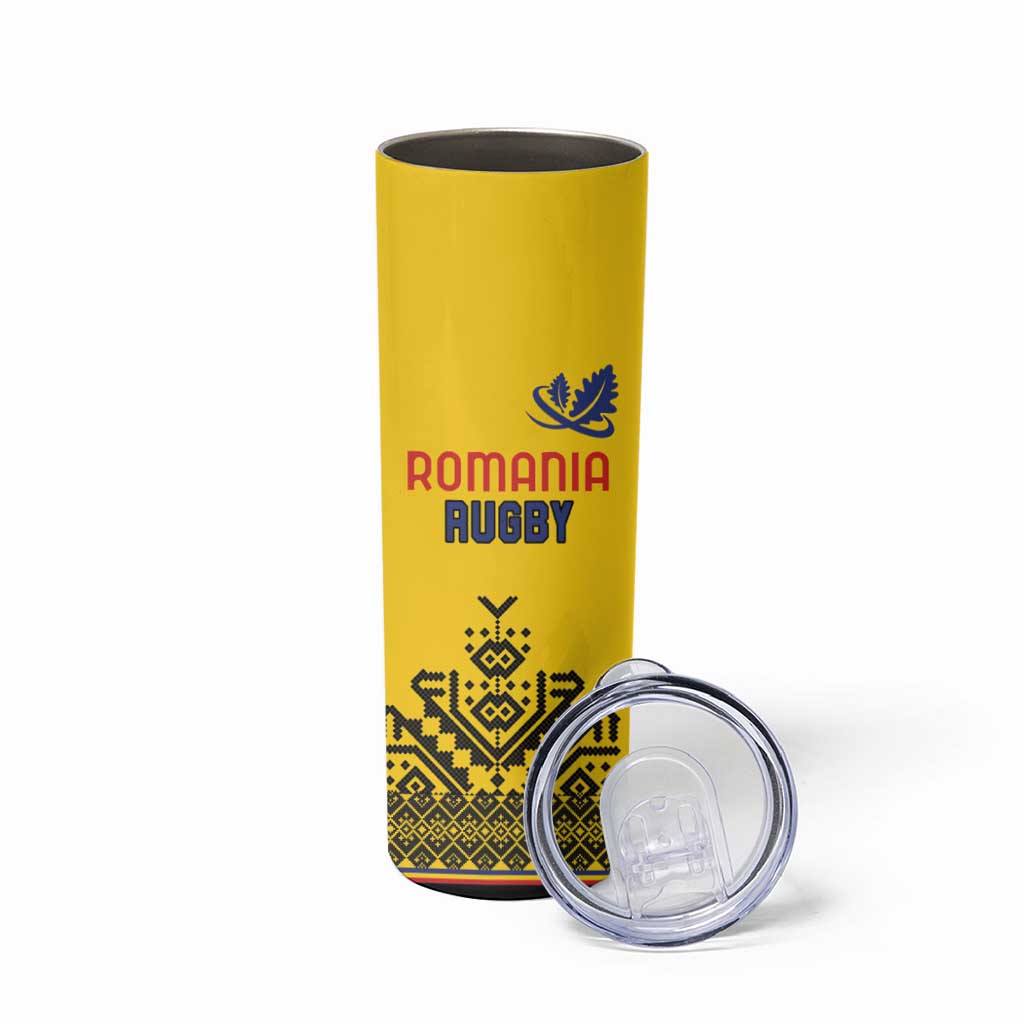 Custom Romania Rugby Skinny Tumbler Yellow Version Retro Style - Wonder Print Shop