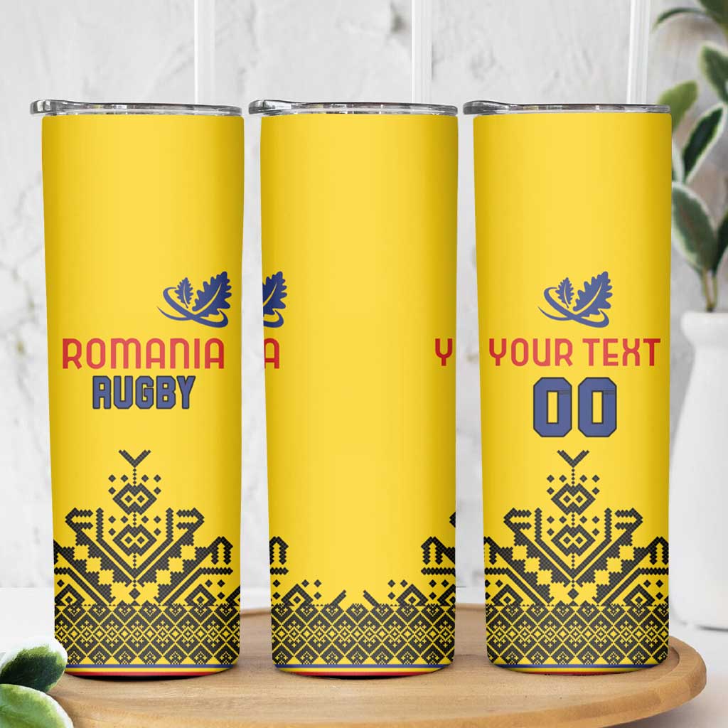 Custom Romania Rugby Skinny Tumbler Yellow Version Retro Style - Wonder Print Shop