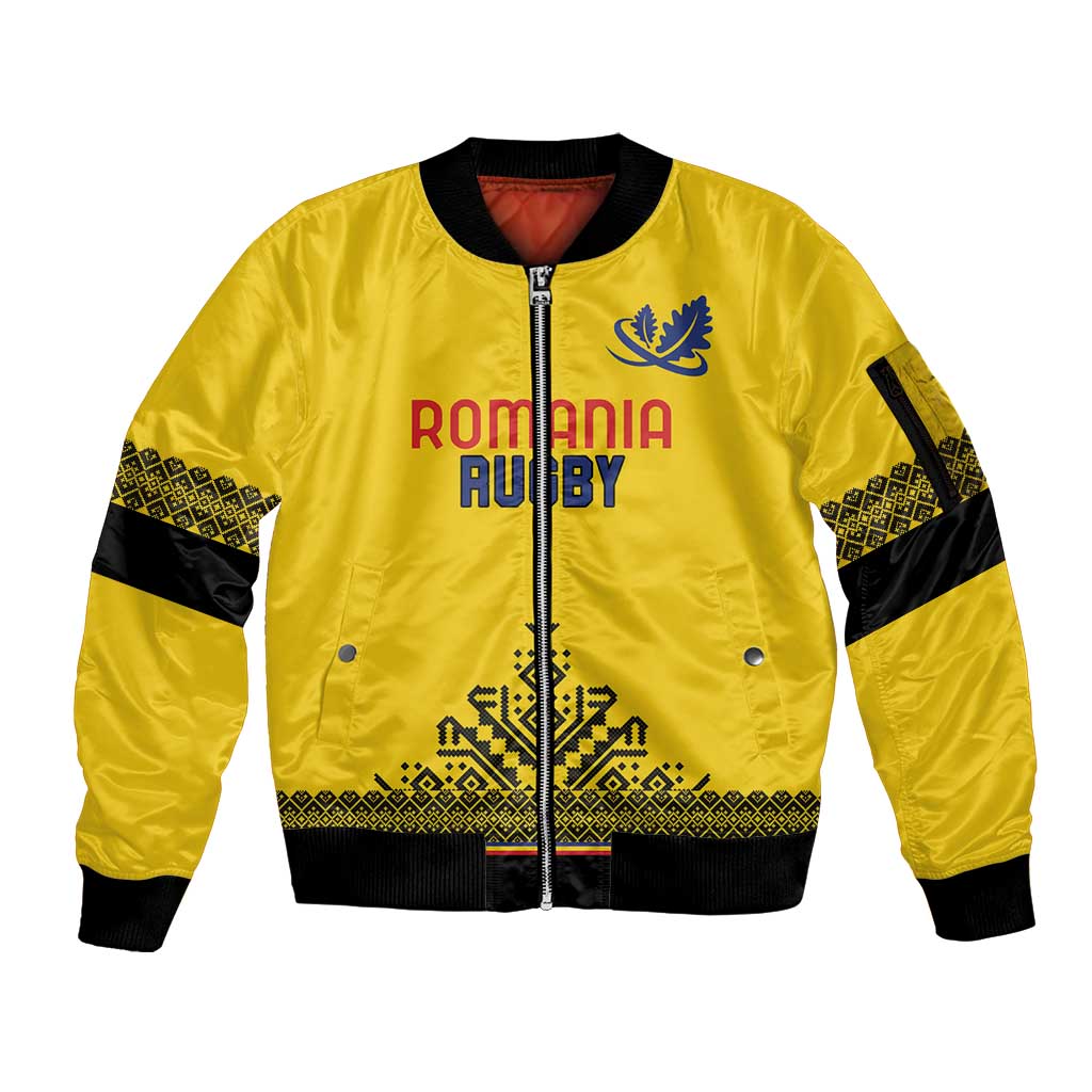 Custom Romania Rugby Sleeve Zip Bomber Jacket Yellow Version Retro Style - Wonder Print Shop