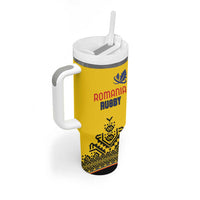 Custom Romania Rugby Tumbler With Handle Yellow Version Retro Style - Wonder Print Shop