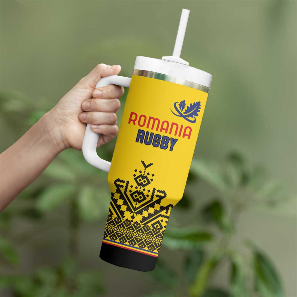 Custom Romania Rugby Tumbler With Handle Yellow Version Retro Style - Wonder Print Shop