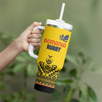 Custom Romania Rugby Tumbler With Handle Yellow Version Retro Style - Wonder Print Shop