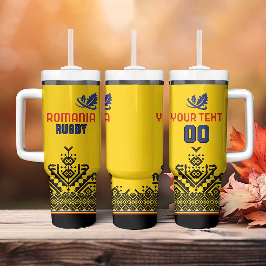Custom Romania Rugby Tumbler With Handle Yellow Version Retro Style - Wonder Print Shop
