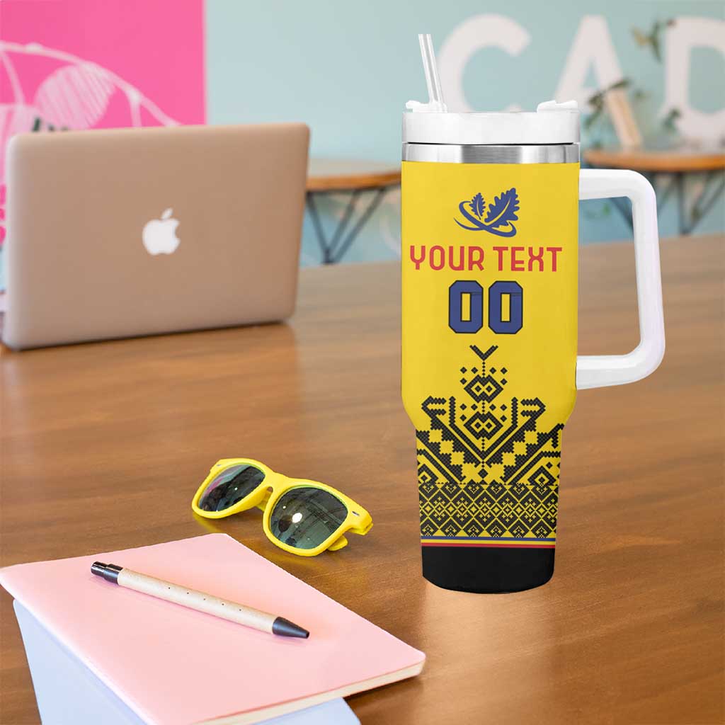 Custom Romania Rugby Tumbler With Handle Yellow Version Retro Style - Wonder Print Shop