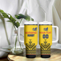 Custom Romania Rugby Tumbler With Handle Yellow Version Retro Style - Wonder Print Shop