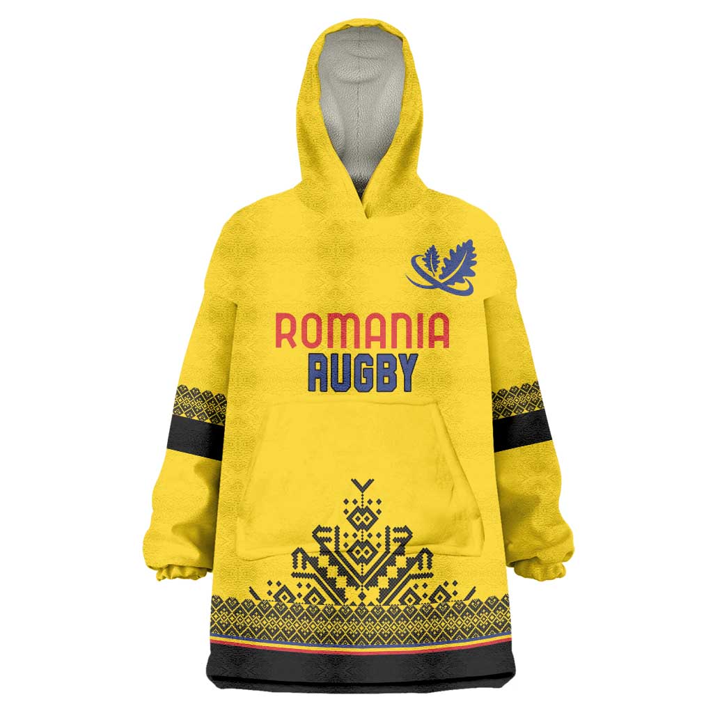 Custom Romania Rugby Wearable Blanket Hoodie Yellow Version Retro Style - Wonder Print Shop