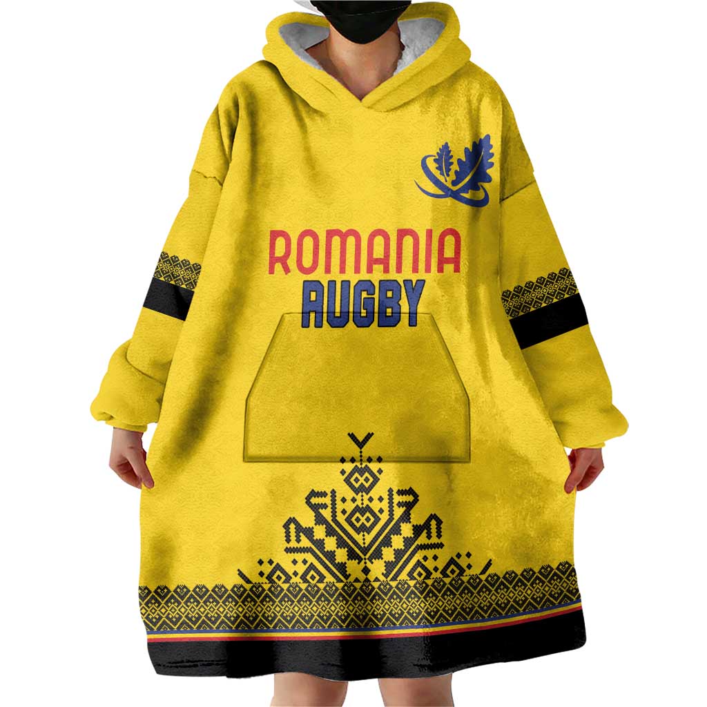 Custom Romania Rugby Wearable Blanket Hoodie Yellow Version Retro Style - Wonder Print Shop