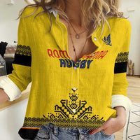 Custom Romania Rugby Women Casual Shirt Yellow Version Retro Style - Wonder Print Shop