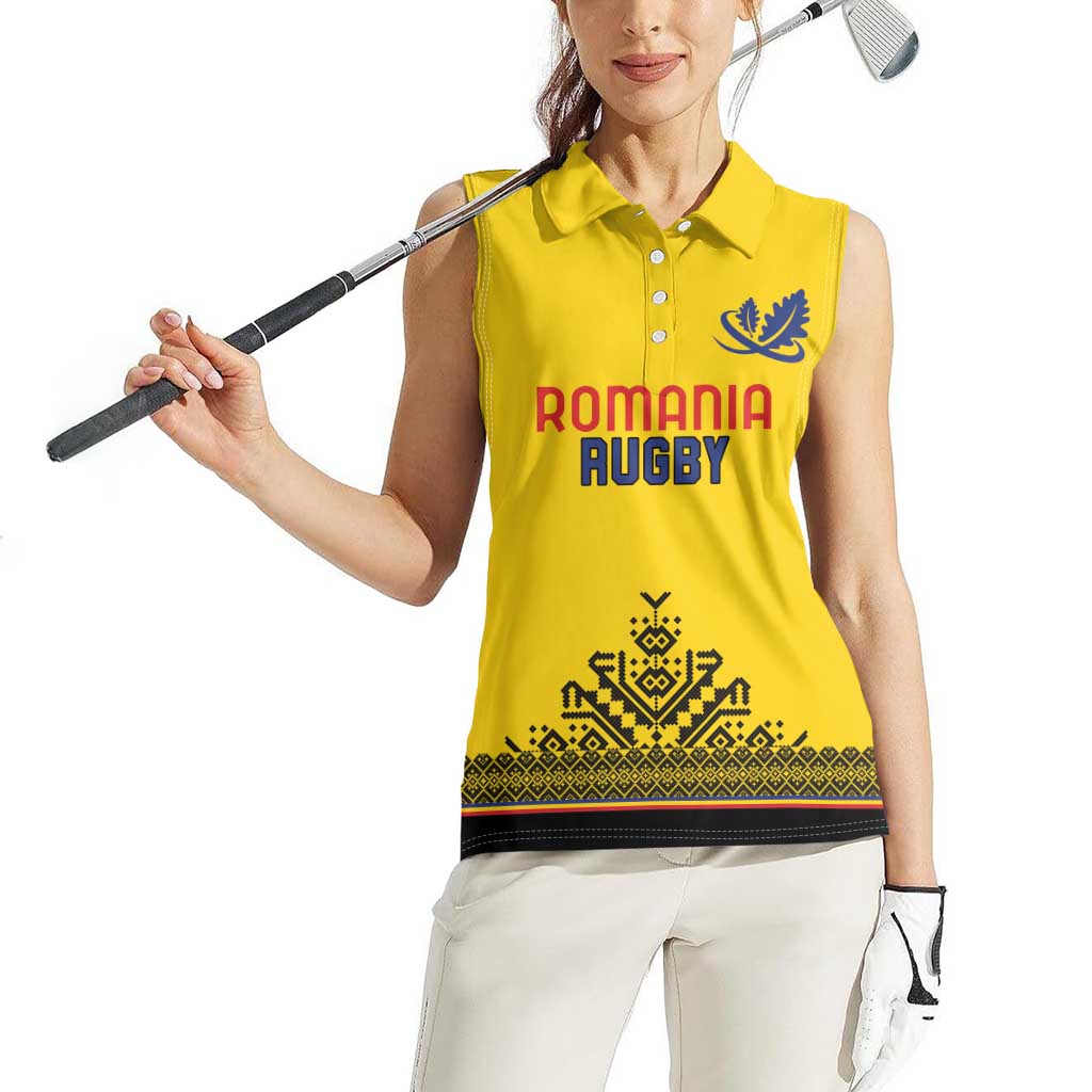 Custom Romania Rugby Women Sleeveless Polo Shirt Yellow Version Retro Style - Wonder Print Shop