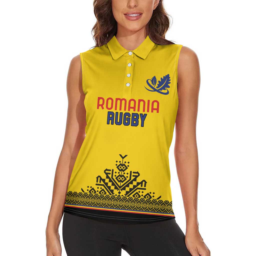 Custom Romania Rugby Women Sleeveless Polo Shirt Yellow Version Retro Style - Wonder Print Shop