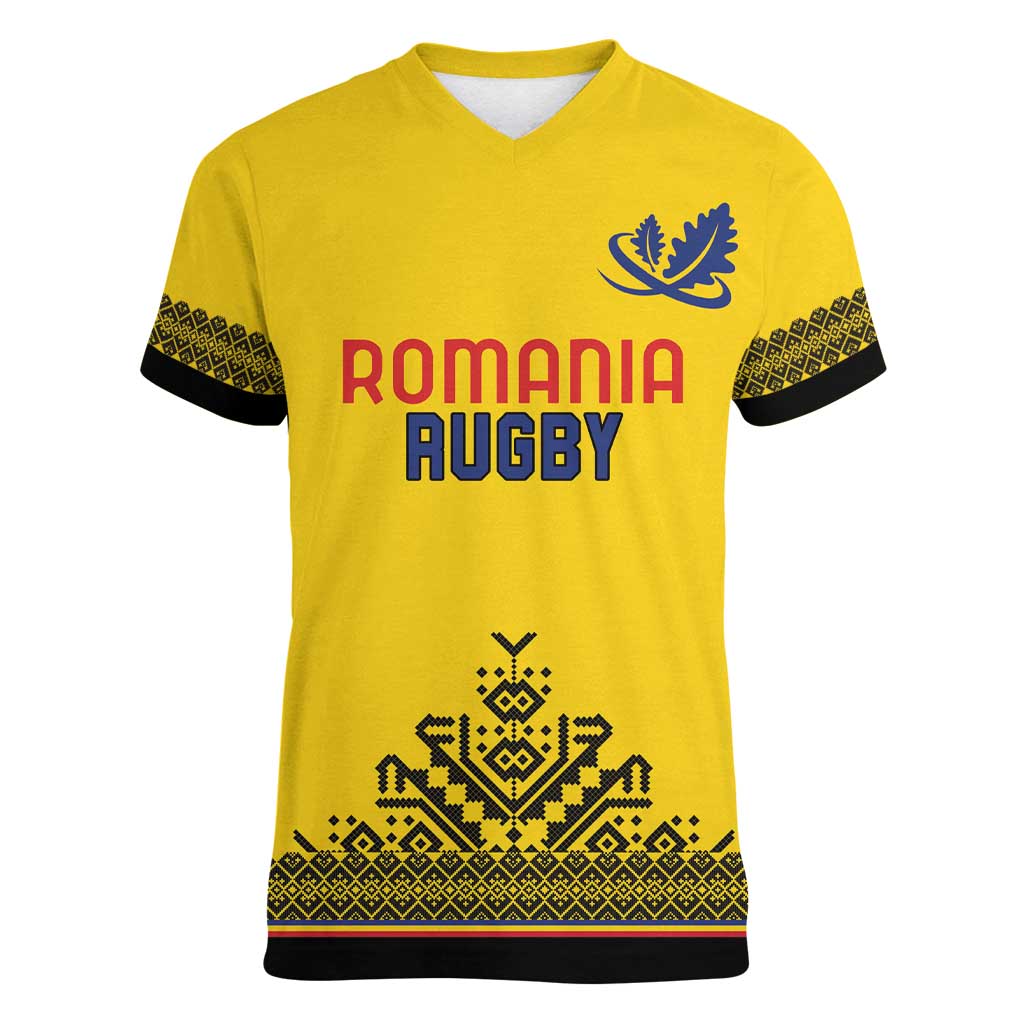 Custom Romania Rugby Women V-Neck T-Shirt Yellow Version Retro Style - Wonder Print Shop