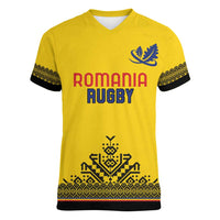 Custom Romania Rugby Women V-Neck T-Shirt Yellow Version Retro Style - Wonder Print Shop