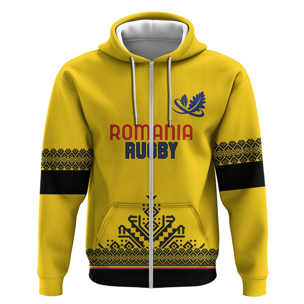 Custom Romania Rugby Zip Hoodie Yellow Version Retro Style - Wonder Print Shop