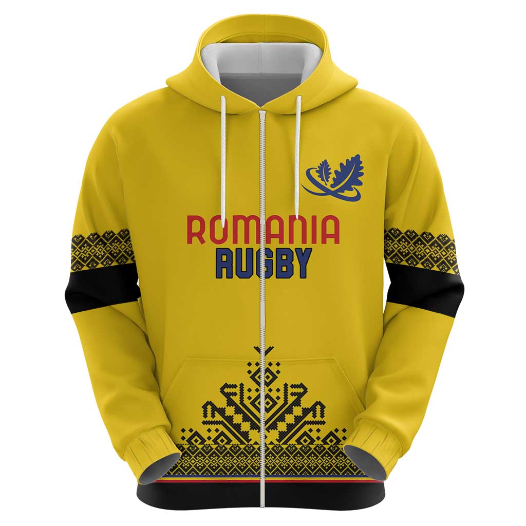 Custom Romania Rugby Zip Hoodie Yellow Version Retro Style - Wonder Print Shop
