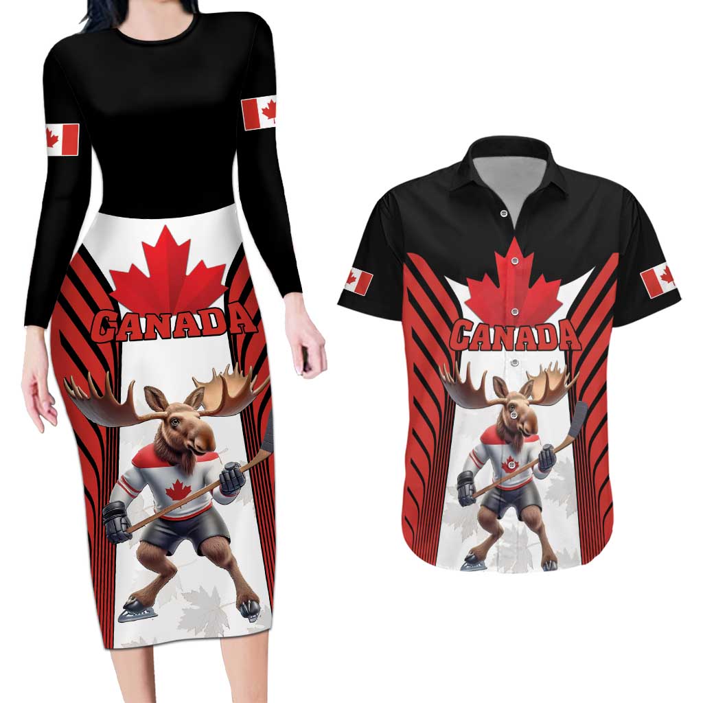 Custom Canada Hockey Couples Matching Long Sleeve Bodycon Dress and Hawaiian Shirt Moose Playing Ice Hockey