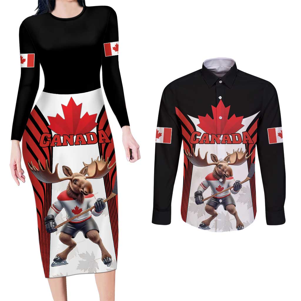 Custom Canada Hockey Couples Matching Long Sleeve Bodycon Dress and Long Sleeve Button Shirt Moose Playing Ice Hockey
