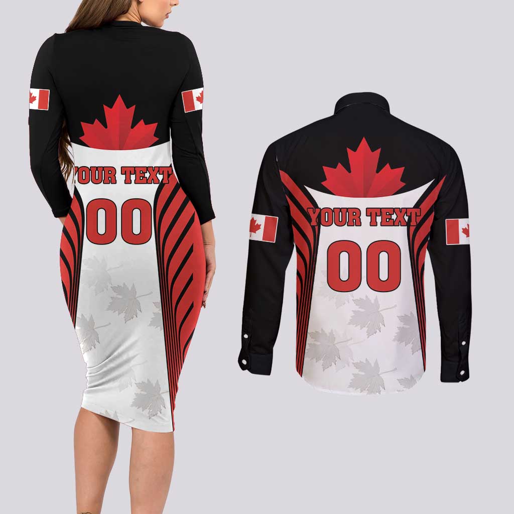 Custom Canada Hockey Couples Matching Long Sleeve Bodycon Dress and Long Sleeve Button Shirt Moose Playing Ice Hockey