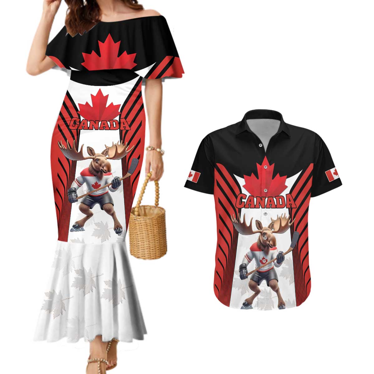 Custom Canada Hockey Couples Matching Mermaid Dress and Hawaiian Shirt Moose Playing Ice Hockey