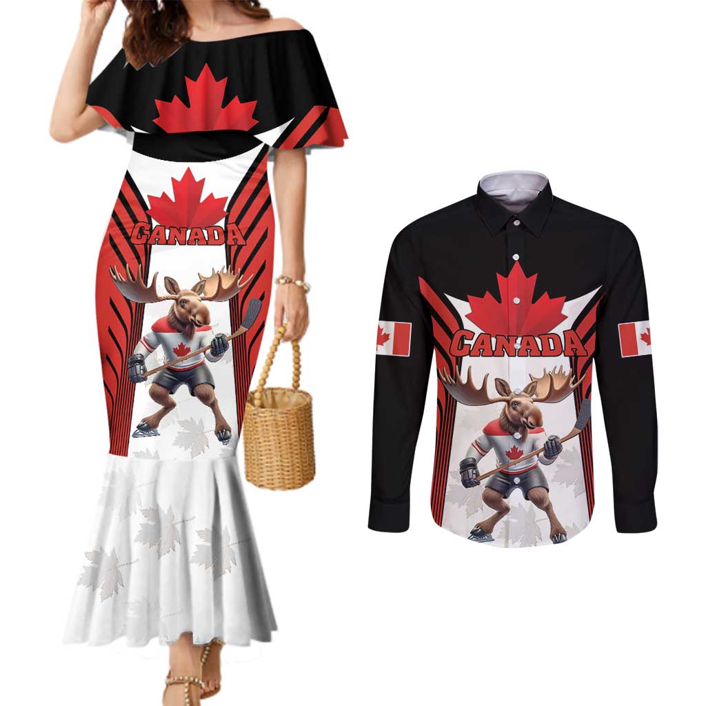 Custom Canada Hockey Couples Matching Mermaid Dress and Long Sleeve Button Shirt Moose Playing Ice Hockey