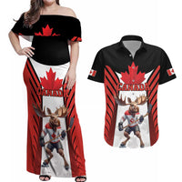 Custom Canada Hockey Couples Matching Off Shoulder Maxi Dress and Hawaiian Shirt Moose Playing Ice Hockey