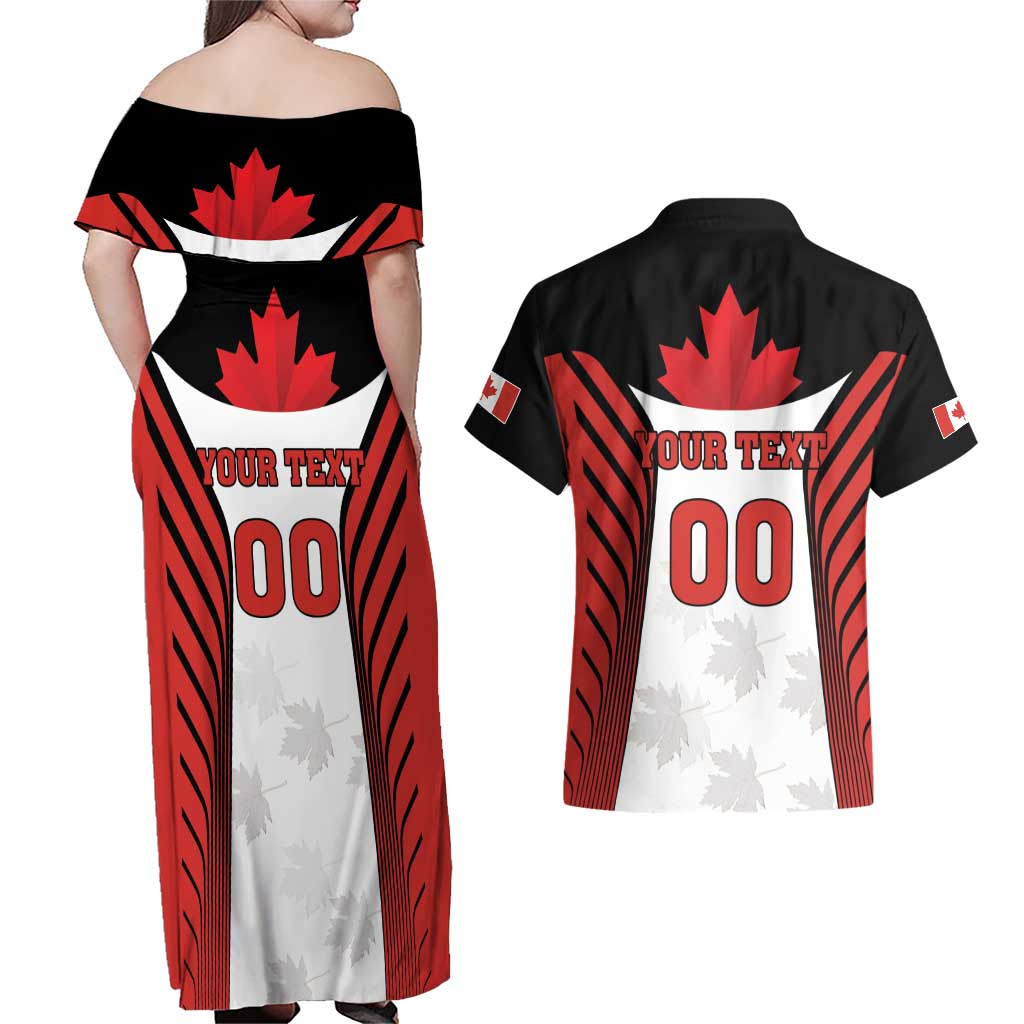 Custom Canada Hockey Couples Matching Off Shoulder Maxi Dress and Hawaiian Shirt Moose Playing Ice Hockey