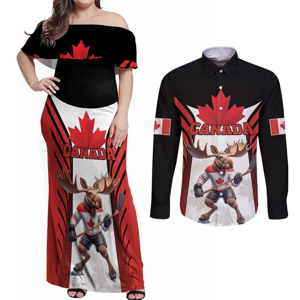 Custom Canada Hockey Couples Matching Off Shoulder Maxi Dress and Long Sleeve Button Shirt Moose Playing Ice Hockey