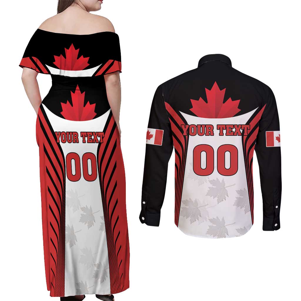 Custom Canada Hockey Couples Matching Off Shoulder Maxi Dress and Long Sleeve Button Shirt Moose Playing Ice Hockey