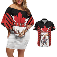 Custom Canada Hockey Couples Matching Off Shoulder Short Dress and Hawaiian Shirt Moose Playing Ice Hockey
