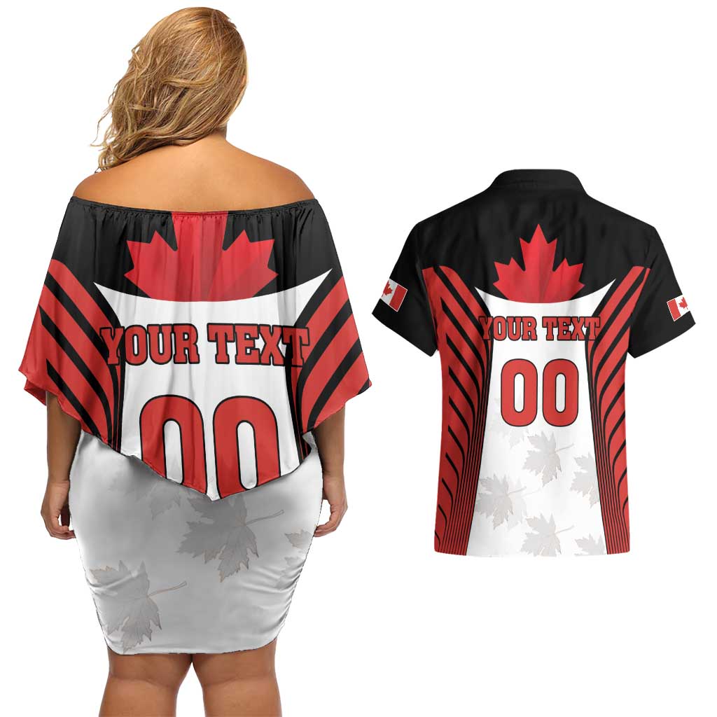 Custom Canada Hockey Couples Matching Off Shoulder Short Dress and Hawaiian Shirt Moose Playing Ice Hockey