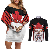 Custom Canada Hockey Couples Matching Off Shoulder Short Dress and Long Sleeve Button Shirt Moose Playing Ice Hockey