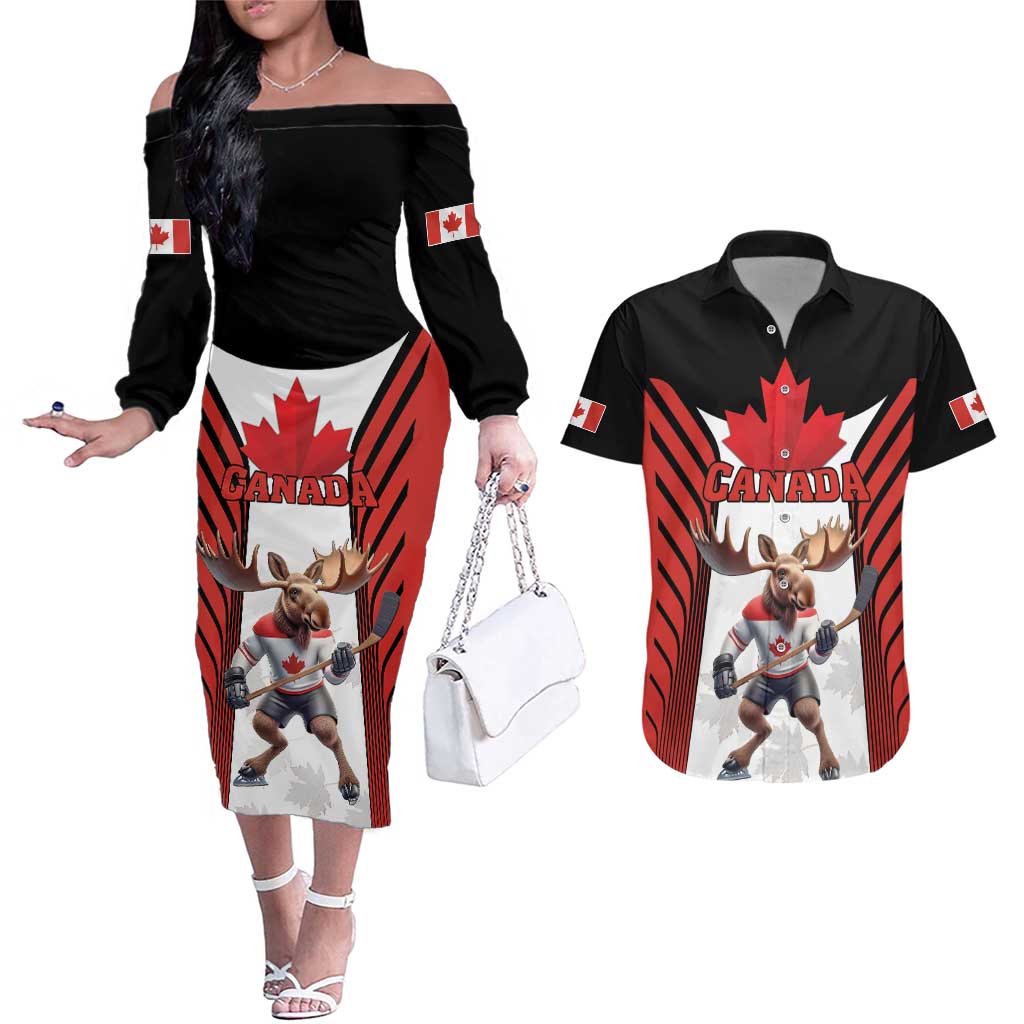 Custom Canada Hockey Couples Matching Off The Shoulder Long Sleeve Dress and Hawaiian Shirt Moose Playing Ice Hockey