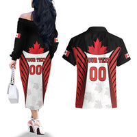 Custom Canada Hockey Couples Matching Off The Shoulder Long Sleeve Dress and Hawaiian Shirt Moose Playing Ice Hockey