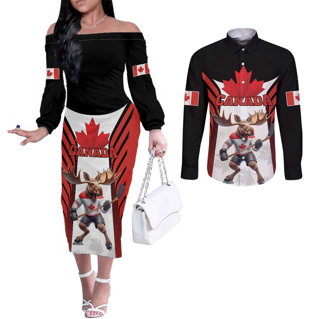 Custom Canada Hockey Couples Matching Off The Shoulder Long Sleeve Dress and Long Sleeve Button Shirt Moose Playing Ice Hockey