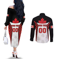 Custom Canada Hockey Couples Matching Off The Shoulder Long Sleeve Dress and Long Sleeve Button Shirt Moose Playing Ice Hockey
