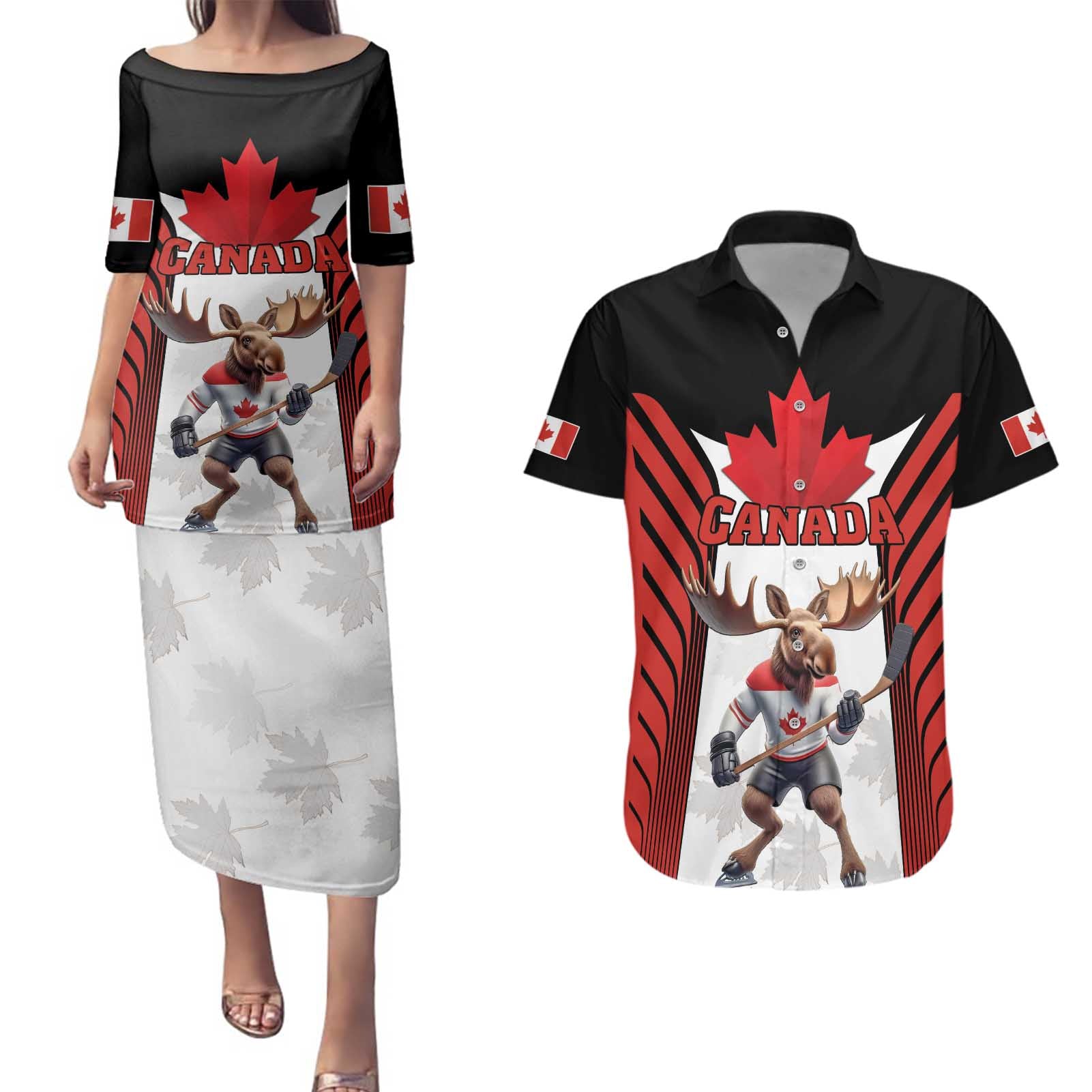 Custom Canada Hockey Couples Matching Puletasi and Hawaiian Shirt Moose Playing Ice Hockey