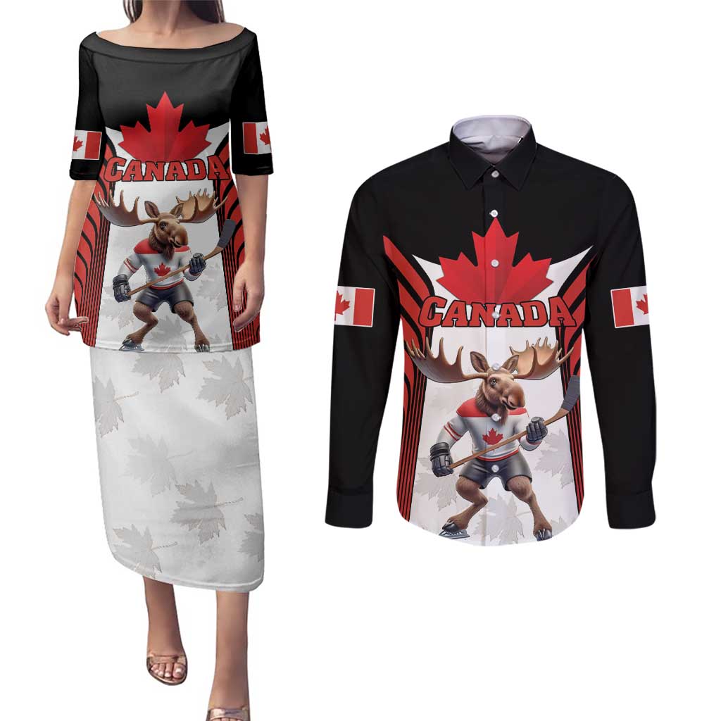 Custom Canada Hockey Couples Matching Puletasi and Long Sleeve Button Shirt Moose Playing Ice Hockey