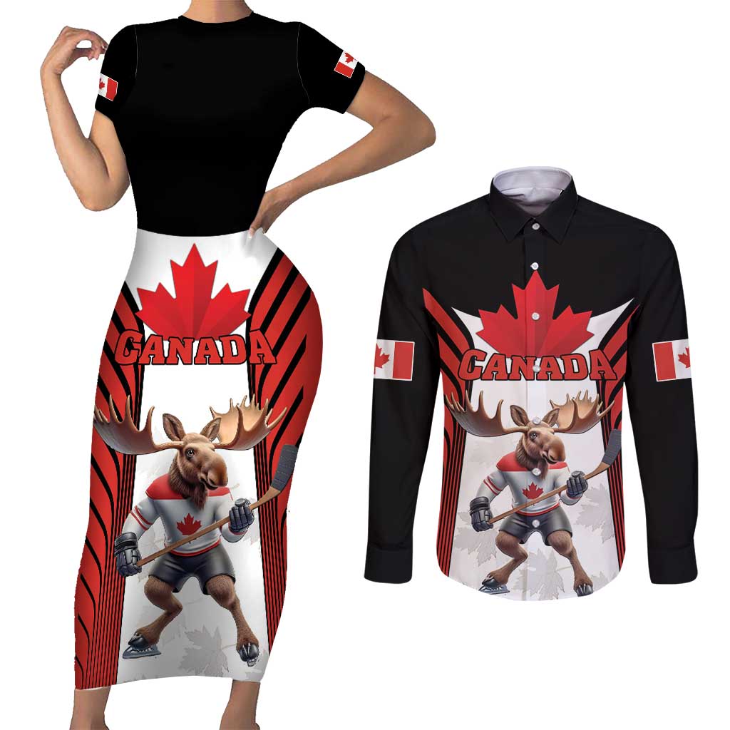 Custom Canada Hockey Couples Matching Short Sleeve Bodycon Dress and Long Sleeve Button Shirt Moose Playing Ice Hockey