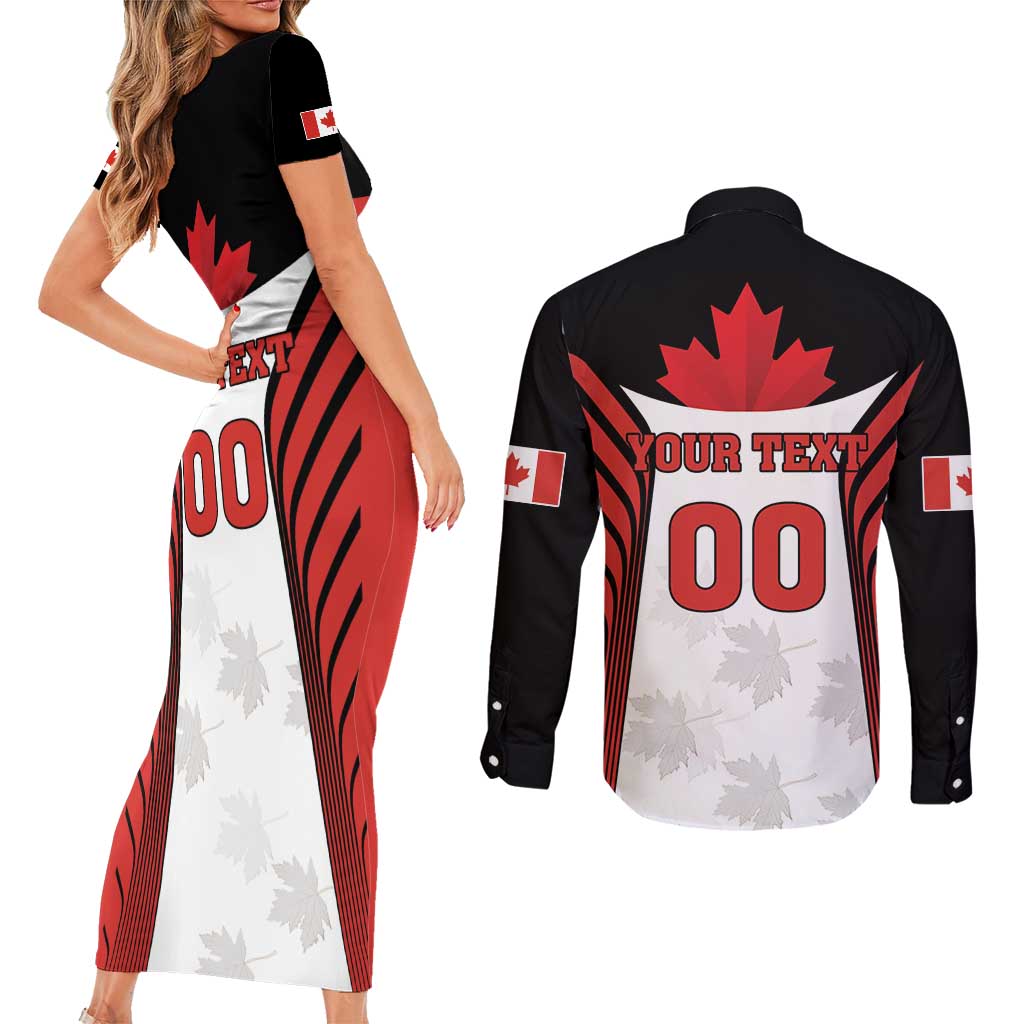 Custom Canada Hockey Couples Matching Short Sleeve Bodycon Dress and Long Sleeve Button Shirt Moose Playing Ice Hockey