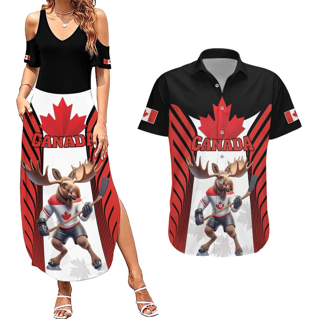 Custom Canada Hockey Couples Matching Summer Maxi Dress and Hawaiian Shirt Moose Playing Ice Hockey