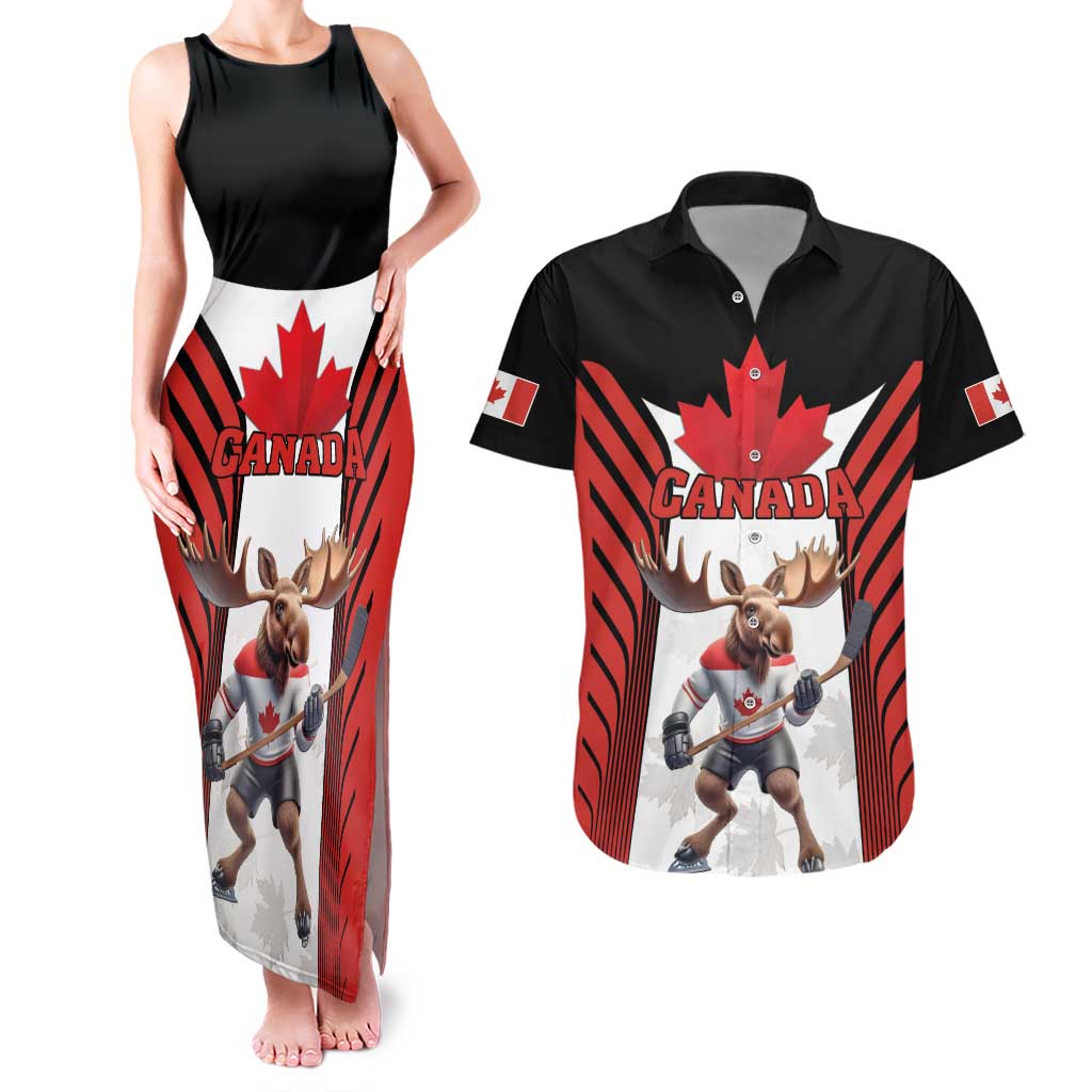 Custom Canada Hockey Couples Matching Tank Maxi Dress and Hawaiian Shirt Moose Playing Ice Hockey