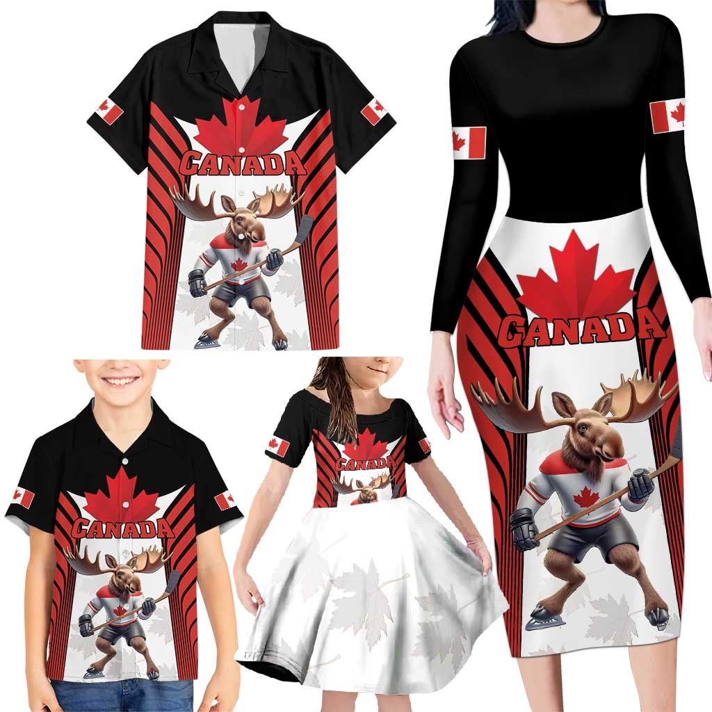 Custom Canada Hockey Family Matching Long Sleeve Bodycon Dress and Hawaiian Shirt Moose Playing Ice Hockey