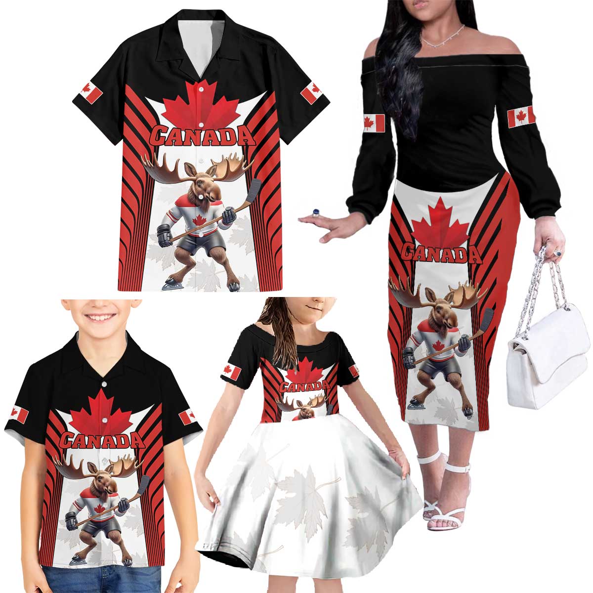 Custom Canada Hockey Family Matching Off The Shoulder Long Sleeve Dress and Hawaiian Shirt Moose Playing Ice Hockey