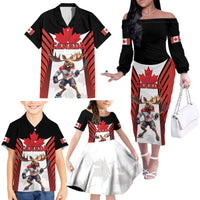 Custom Canada Hockey Family Matching Off The Shoulder Long Sleeve Dress and Hawaiian Shirt Moose Playing Ice Hockey