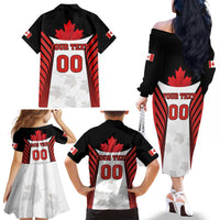 Custom Canada Hockey Family Matching Off The Shoulder Long Sleeve Dress and Hawaiian Shirt Moose Playing Ice Hockey