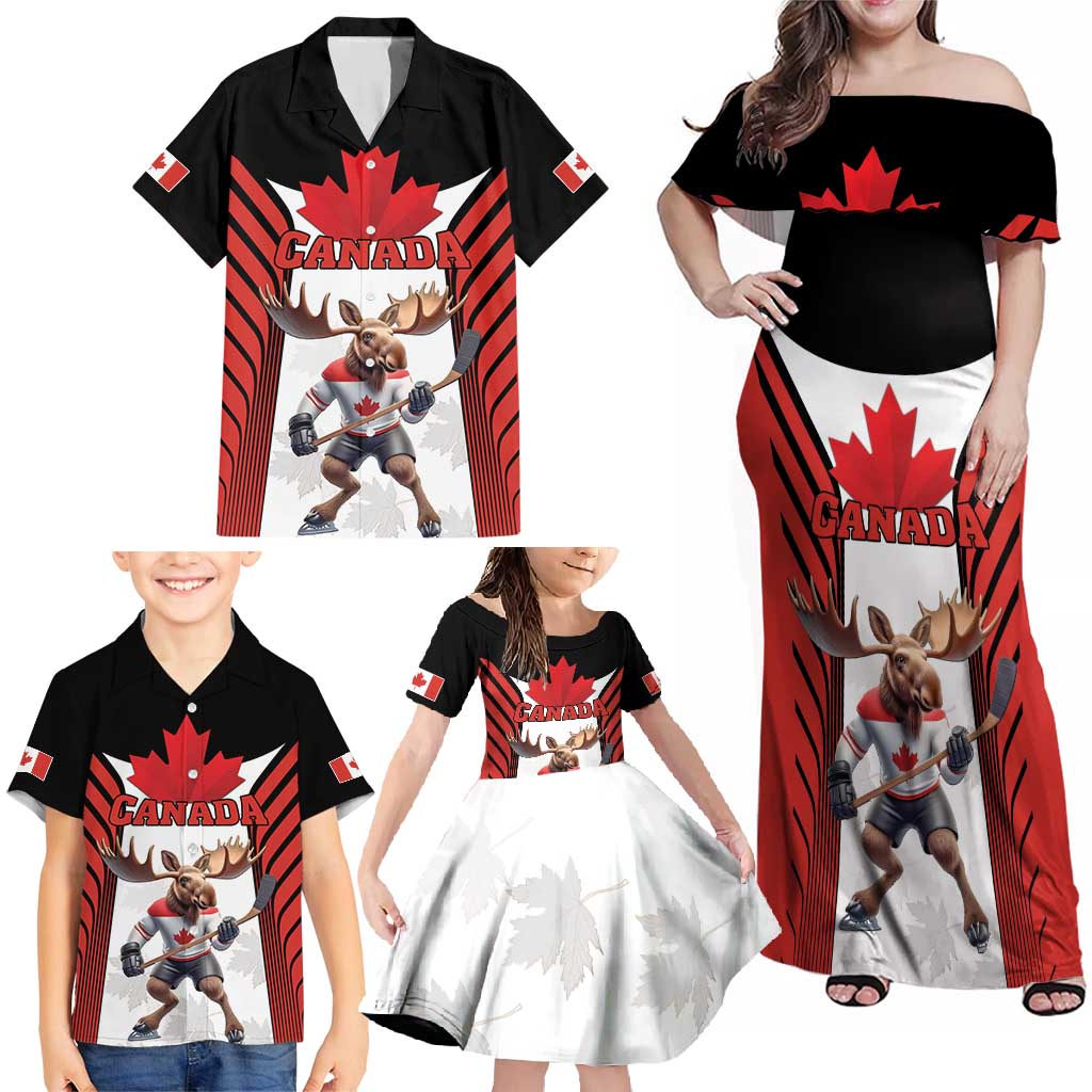 Custom Canada Hockey Family Matching Off Shoulder Maxi Dress and Hawaiian Shirt Moose Playing Ice Hockey