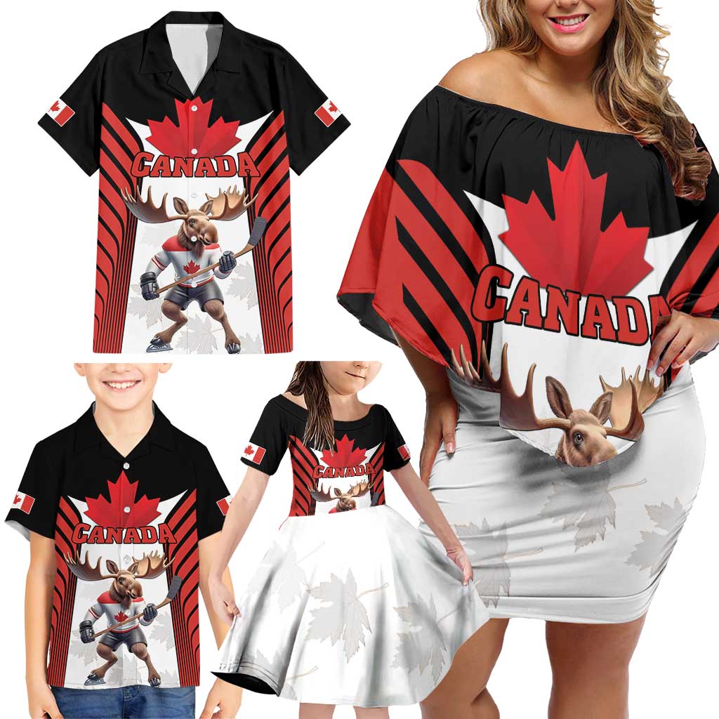 Custom Canada Hockey Family Matching Off Shoulder Short Dress and Hawaiian Shirt Moose Playing Ice Hockey